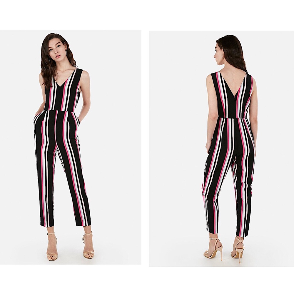EXPRESS Striped V-Neck Jumpsuit: Small